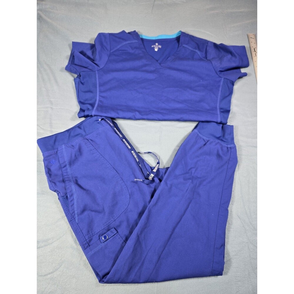 Med Couture Touch Women's V-Neck Scrub Top and Pants Set Size L Blue